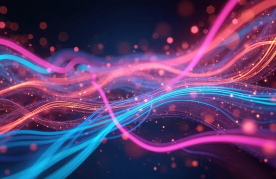 Colorful abstract 3D AI design featuring optic fiber electrical cables, wires and neon waves. Glowing lines form background pattern, streams information optical connection for internet web.