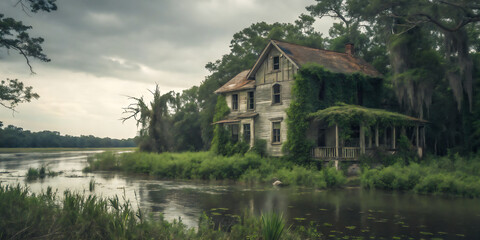 Fototapeta premium 朽ち果てた沼地の家 - 忘れられた風景