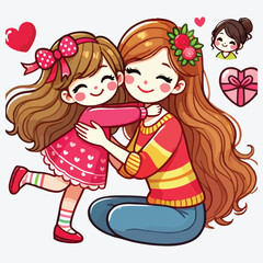 Cute little girl hugging her mother and holding a heart. Mother's day design, vector illustration. stock illustration