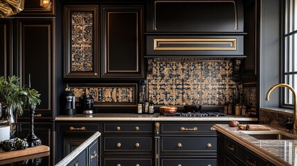 Dark and ornate kitchen with black cabinets, gold accents, and an intricate tile backsplash