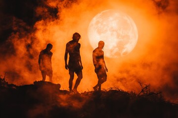 Fototapeta premium Silhouetted figures walking through mist under a full moon at dusk