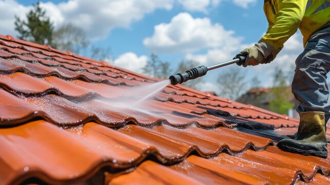 Expert service cleans terracotta roof tiles with high pressure jet for home renovation upkeep