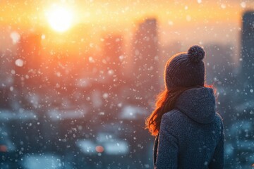 Naklejka premium Woman in winter coat gazes at a snowy cityscape during a vibrant sunset.