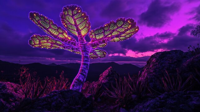 giant alien plant with bioluminescent leaves, purple sky, strange creatures, glowing terrain, extraterrestrial landscape, science fiction theme