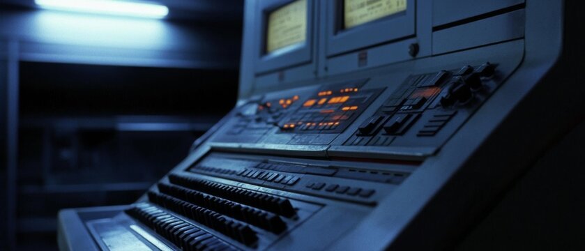 A vintage control panel with glowing screens in dim light evokes nostalgia and a sense of technological mystery.
