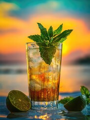 A refreshing margarita cocktail served in a clear glass, garnished with ice cubes and mint leaves. The sunset adds to the tropical ambiance.
