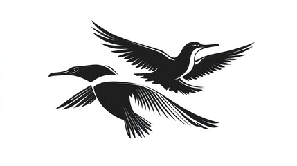 Obraz premium Two birds in flight, black silhouette on white background.