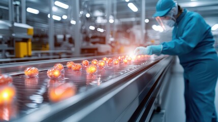 Worker Inspects Fresh Tomatoes on Conveyor Belt in Food Processing Plant