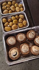 Preparing potatoes and mushrooms for grilling on a summer day in prague