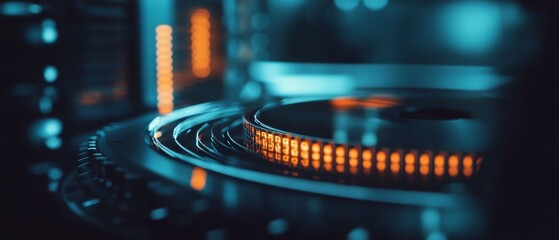 A futuristic disk glows with pulsating neon blue and orange lights, hinting at advanced technology and digital innovation.