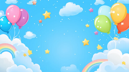 Banner with Playful Kids’ Design Featuring Bright Cartoon Illustrations of Balloons, Stars, and Rainbows on a Cheerful Sky-Blue Background copy space