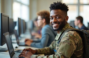 Black smiling veteran in camouflage military uniform studies on laptop in school computer lab with diverse students. Professional development, life events, career goals. Military personnel education.