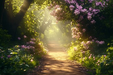 Fototapeta premium Sunlit path, blooming flowers, forest, magical