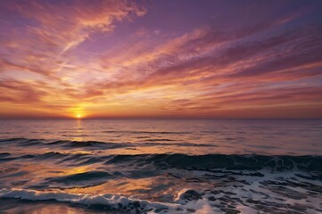 Fototapeta premium Sunset Over Ocean Waves with Vibrant Purple and Orange Sky