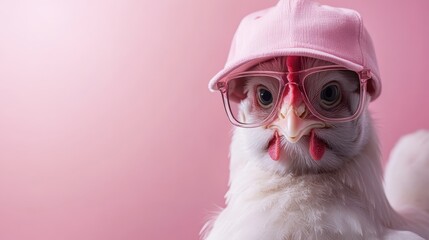 A fashionable chicken wearing a pink cap and glasses, presenting an amusing character with a playful demeanor set against a soft pink backdrop.