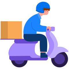 courier on a scooter carrying a box, fast delivery service flat vector illustration