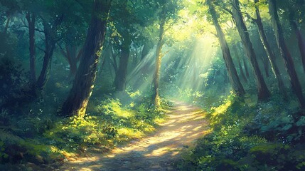 Obraz premium Glowing hiking trail through a dense forest, vibrant sunlight breaking through trees, peaceful and refreshing