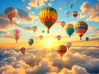 Obraz premium Brightly colored hot air balloons gracefully float above fluffy clouds at sunset