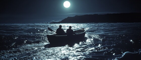 Two silhouetted figures row a boat under a luminous full moon, journeying through serene waters amidst mysteries of the night.