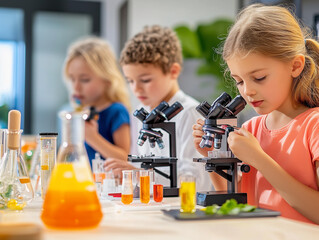 Children engage in hands-on science experiments in a lab setting while exploring various materials and using microscopes