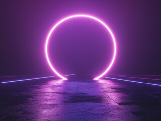 Futuristic glowing neon circle with radiant lines in a misty environment at night