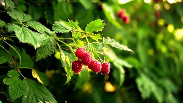 Close-Up of Ripe Red Raspberries on a Branch with Green Leaves &ndash; Fresh Organic Fruit for Summer and Healthy Eating