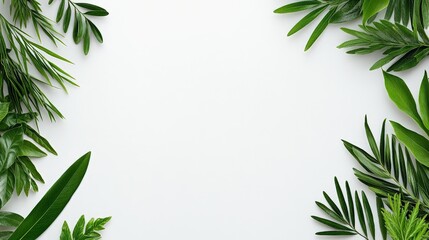Fototapeta premium Fresh Green Leaves Border on a Clean White Background for Design
