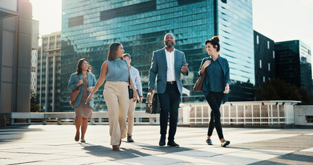 Professional, walking and business people in city in discussion on morning commute, travel and...