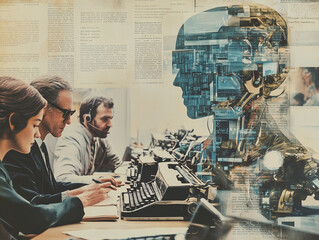 Vintage newspaper collage featuring journalists and a robotic figure in a busy newsroom from 20th century