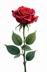 Isolated illustration of red rose on white backdrop. Elegant beautiful flower with detailed petals, green leaves, stem. Perfect for love, romance, Valentines Day, wedding designs, greeting cards.