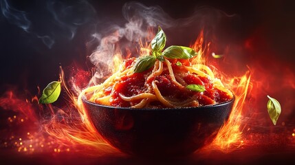 Glowing pasta bowl with vibrant marinara sauce and basil, sleek and appetizing, dynamic and warm