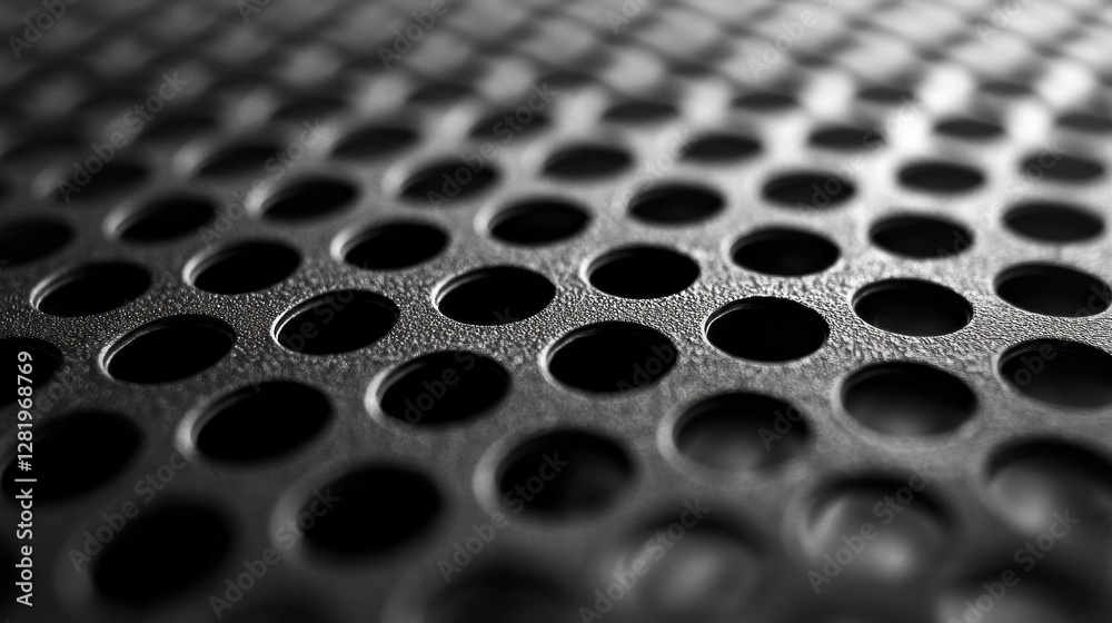 Poster A captivating display of dark metal mesh reveals a complex tapestry of hexagons and circular openings. The texture invites exploration and evokes a sense of depth, illuminating industrial artistry.