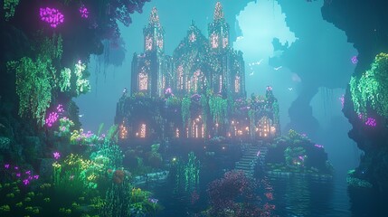 Glowing underwater palace discovered by a deep-sea diver, peaceful and mystical, vibrant and surreal