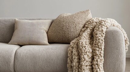 Cozy Knit Throw and Pillows on Modern Sofa