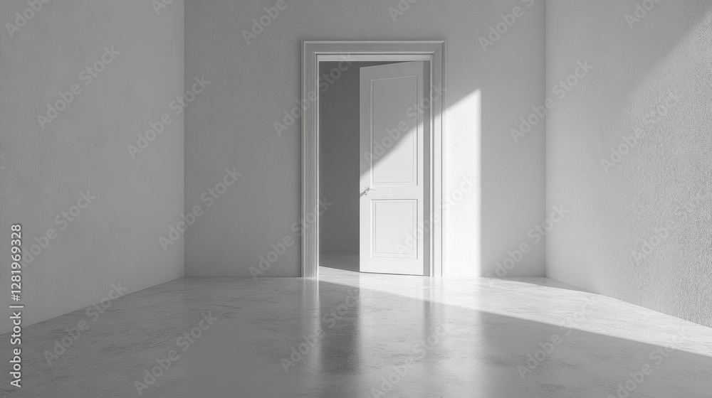 Poster Sunlight streams through an open door, illuminating the emptiness of a minimalistic room with white walls and flooring. The scene evokes a sense of tranquility and openness.