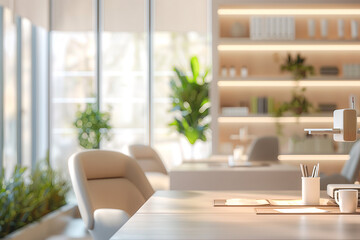 Fototapeta premium A softly blurred office background featuring modern design elements such as sleek desks