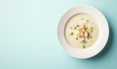 Delicious clam chowder served in a smooth white bowl against a serene blue backdrop