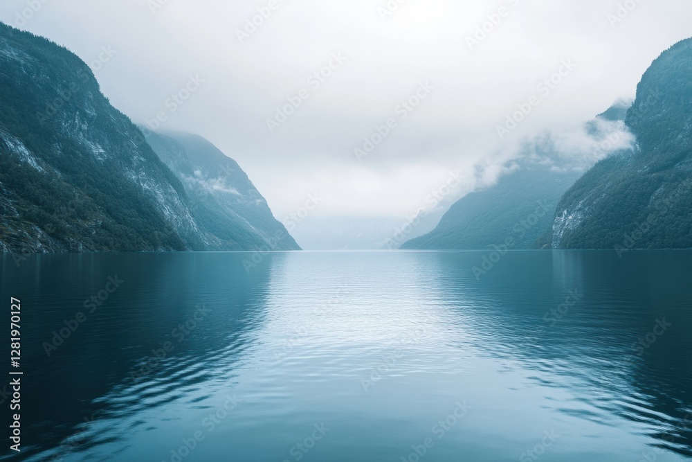 Poster misty fjord landscape showcasing serene waters and towering mountains in a tranquil, overcast settin