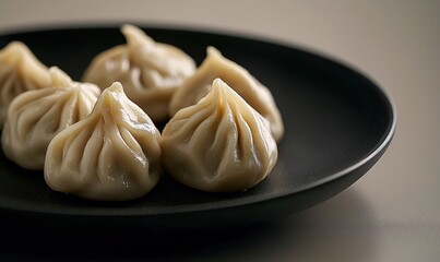 Pelmeni dumplings served on a black plate with a smooth cream background for an inviting meal experience