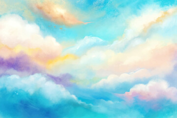 A painting of a blue sky with clouds and a rainbow. The sky is filled with clouds of different sizes and colors, creating a sense of depth and movement. The rainbow adds a touch of magic