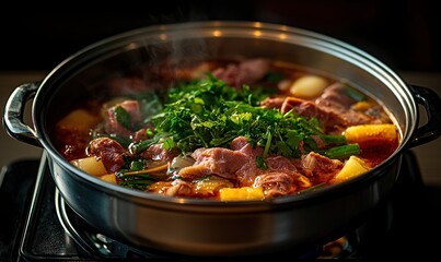 Delicious silver hotpot filled with fresh ingredients and herbs in a cozy dining atmosphere