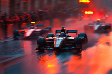 Naklejka premium Racing cars speed through a wet city street with vibrant reflections amidst rainy weather