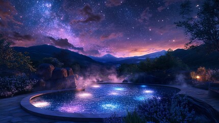 Fototapeta premium Hot springs glowing under a cosmic night sky, peaceful and vibrant, refreshing and calming