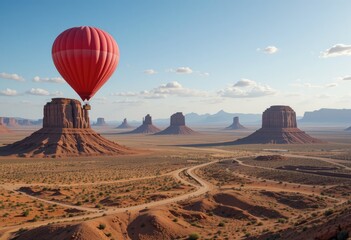 Red Hot Air Balloon Over Monument Valley at Sunset