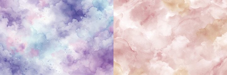 Fototapeta premium Two paintings of a sky with purple and blue clouds. The sky is filled with a variety of colors and the clouds are scattered throughout the sky. The paintings have a dreamy and ethereal quality to them