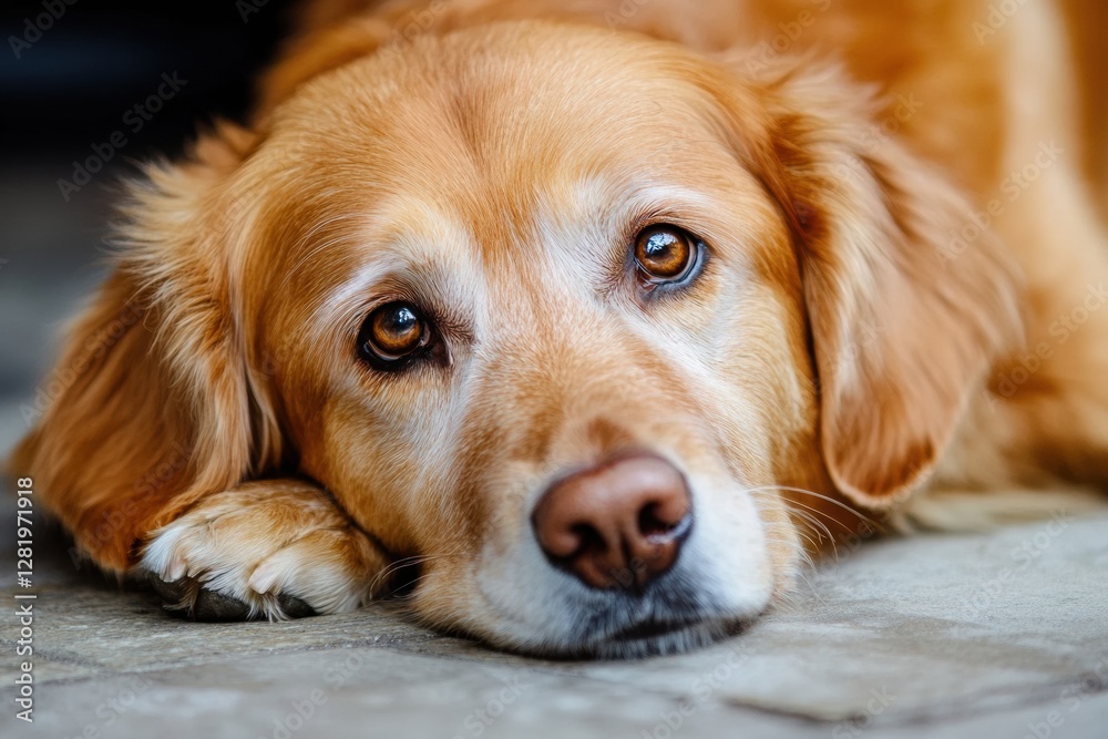 Aufkleber Golden retriever resting with a gentle expression on a cozy surface in a warm indoor environment. Generative AI
