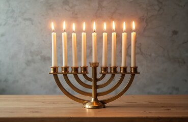 Fototapeta premium Hanukkah menorah with burning candles on wooden table. Traditional jewish holiday celebration with gold candleholder against blurred background. Religion concept. Antique object flame illuminates