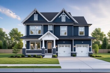 Modern Blue Two-Story House with White Trim