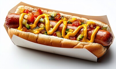 Delicious hotdog topped with mustard, relish, and fresh vegetables on a warm bun ready for a tasty meal