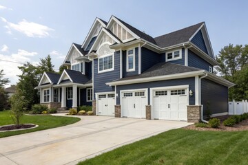 Modern Blue Two-Story House with White Trim